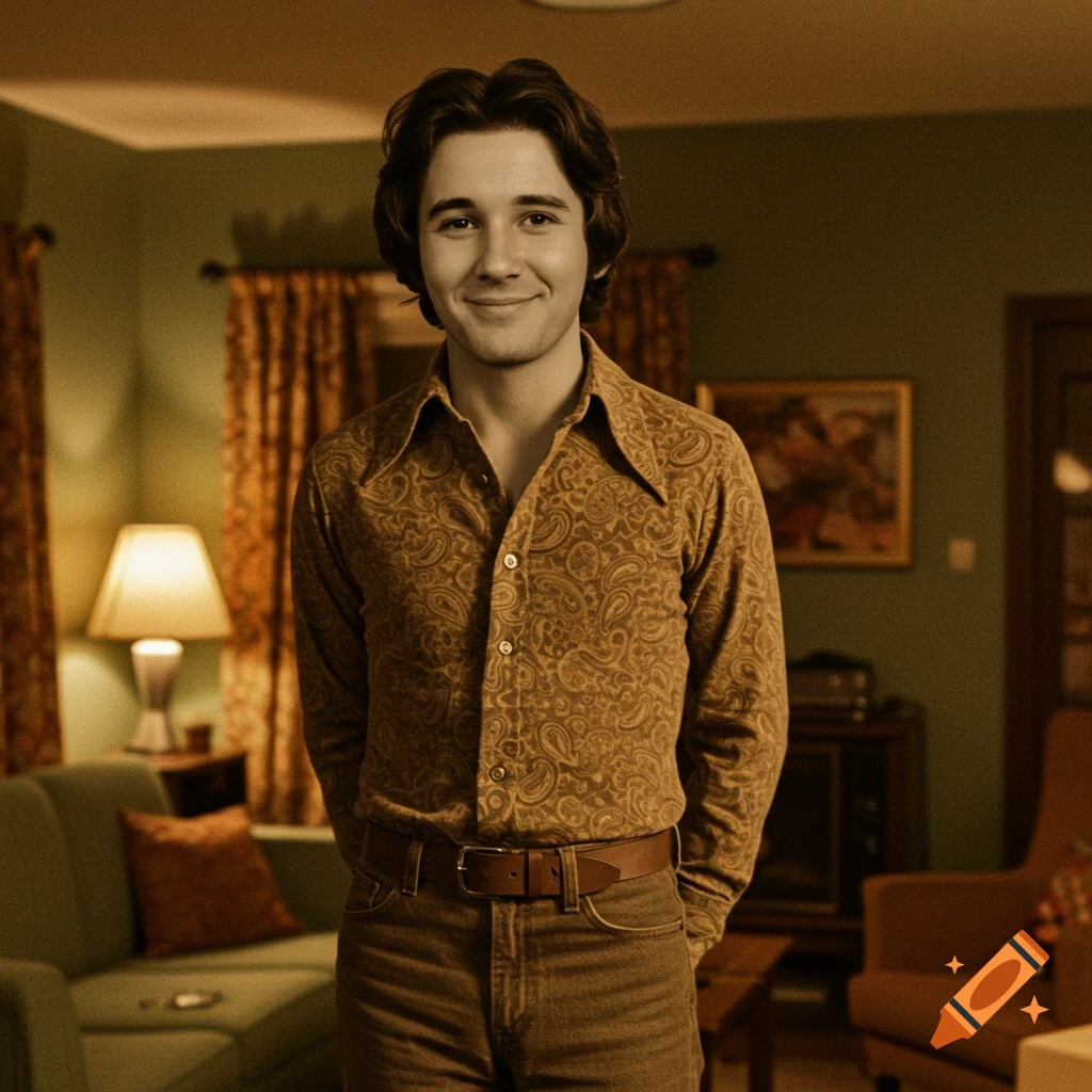 A young man with dark hair smiles, wearing a patterned brown shirt and jeans, standing in a vintage 70s-style living room.