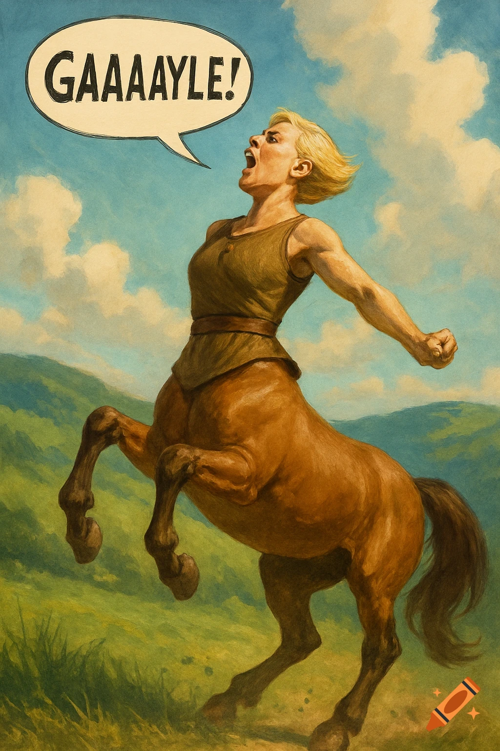 A blonde centaur rears up on her hind legs, yelling "GAAAAYLE!" in a speech bubble. Stylized painting.
