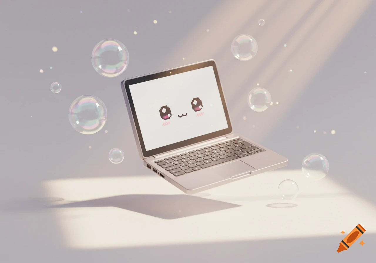 Photorealistic mini laptop with a kawaii smiling pixel face levitating amidst bubbles and light.