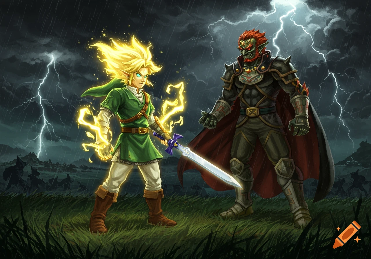 Link with Super Saiyan-like glowing hair and lightning powers faces Ganondorf, who wears dark armor and a red cape, as a thunderstorm rages.