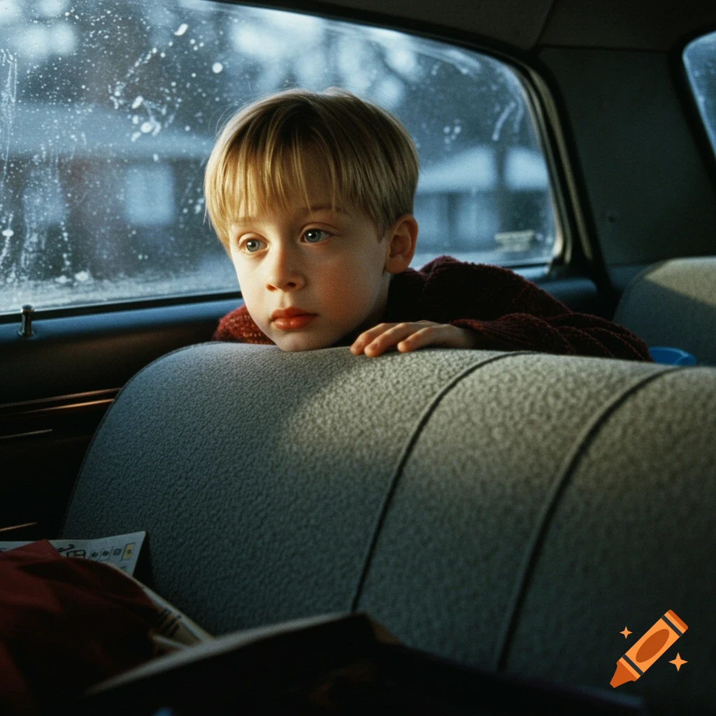 A young blond boy sits in the backseat of a car, leaning on the window and looking outside.