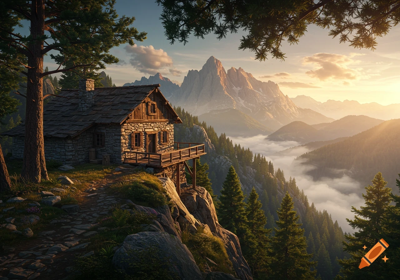 Photorealistic image of a stone cabin on a mountain cliff overlooking a misty valley and jagged peaks at sunrise.