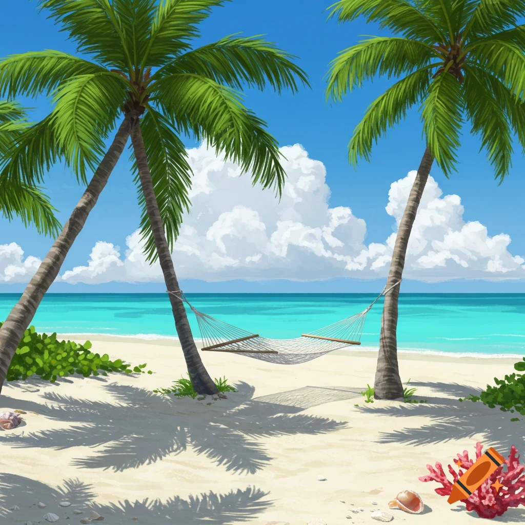 A serene tropical beach with white sand, blue ocean, palm trees, and a hammock swaying between two trees.