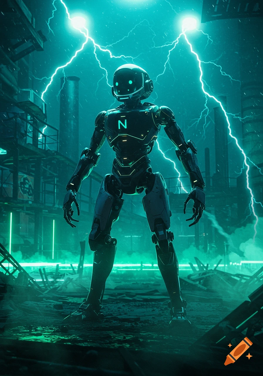 A dark humanoid robot with glowing teal eyes and an 'N' on its chest stands in a ruined industrial setting under bright teal lightning.