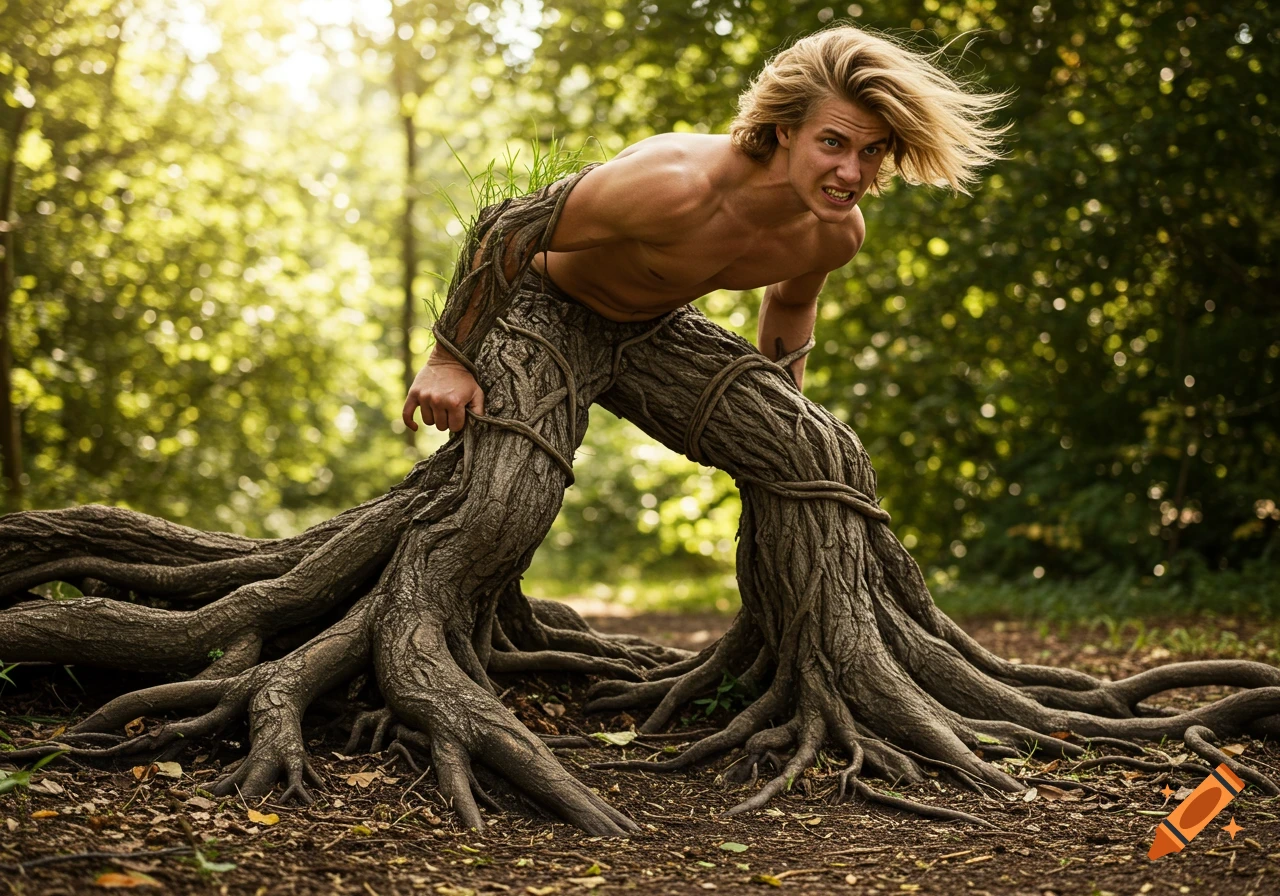 Photorealistic image of a blond man with tree roots for legs and grass in his hair, struggling to move in a forest.