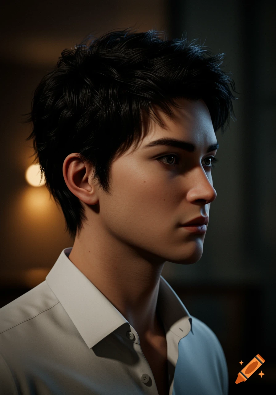 A close-up, photorealistic portrait of a young man with dark hair in a light shirt, looking to the right.