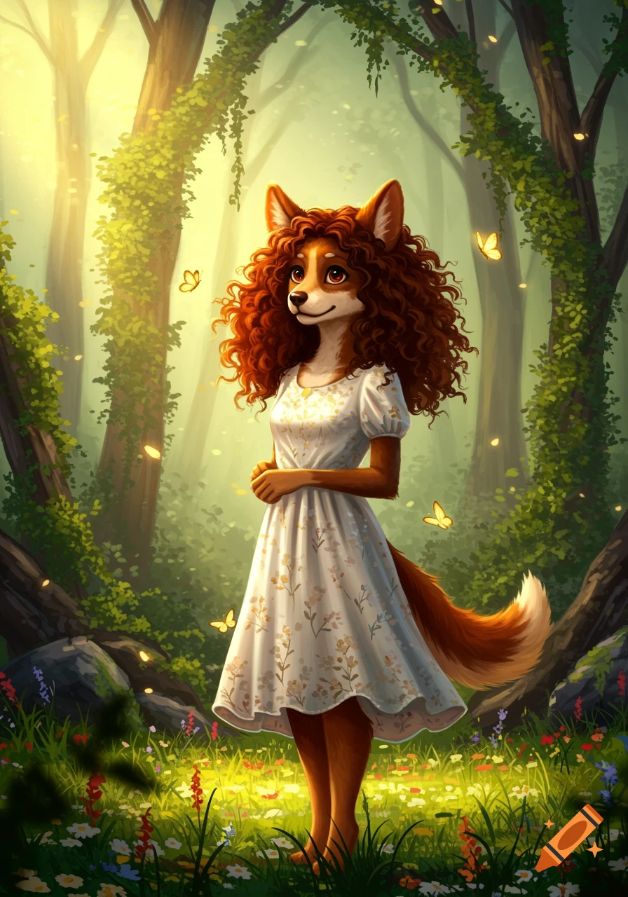 A furry character with curly red hair and dog-like features wears a white floral dress in a glowing, mystical forest with butterflies.