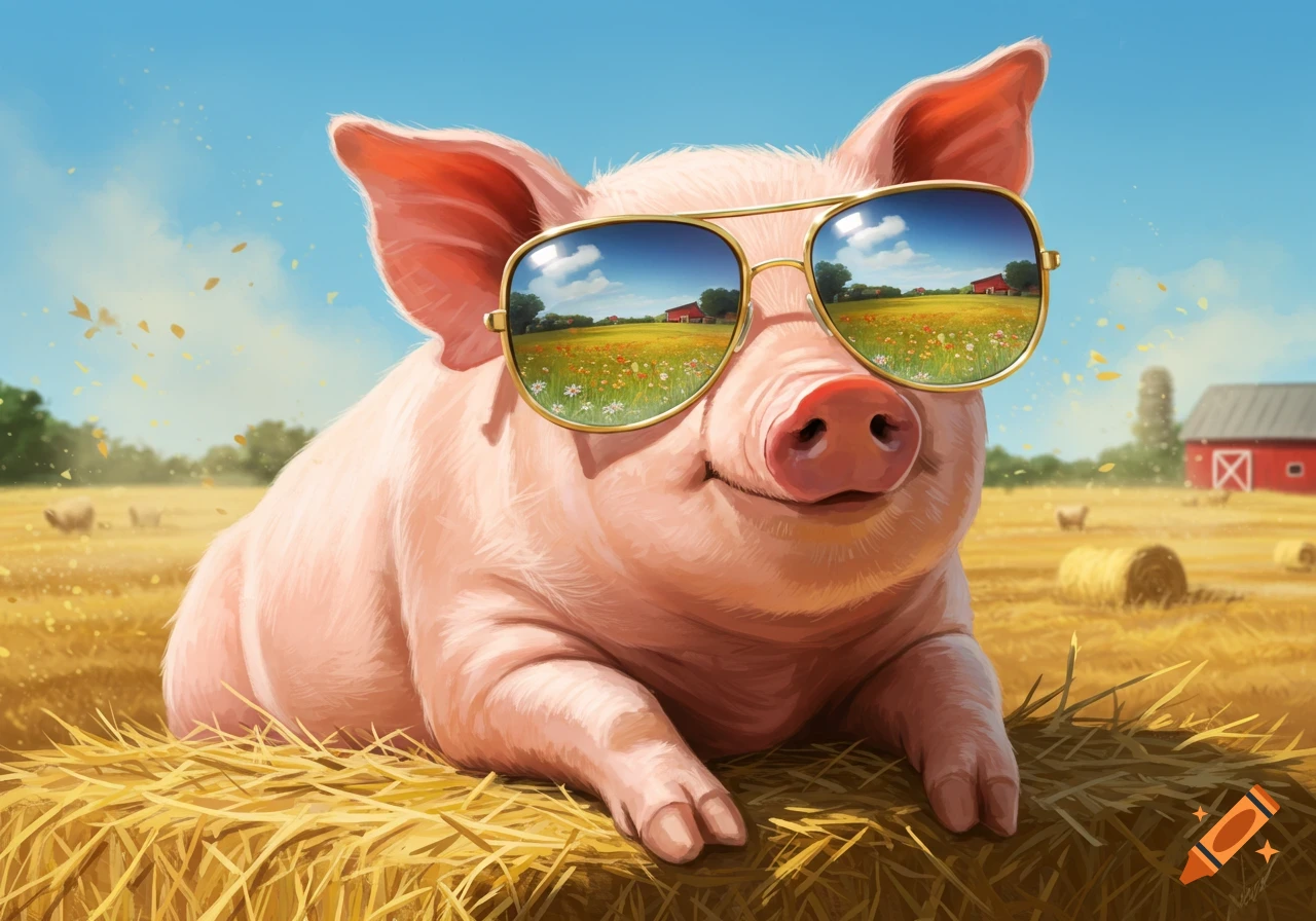 A cheerful pig in gold aviator sunglasses lies on a hay bale in a sunny farm field. The sunglasses reflect the field and a red barn.