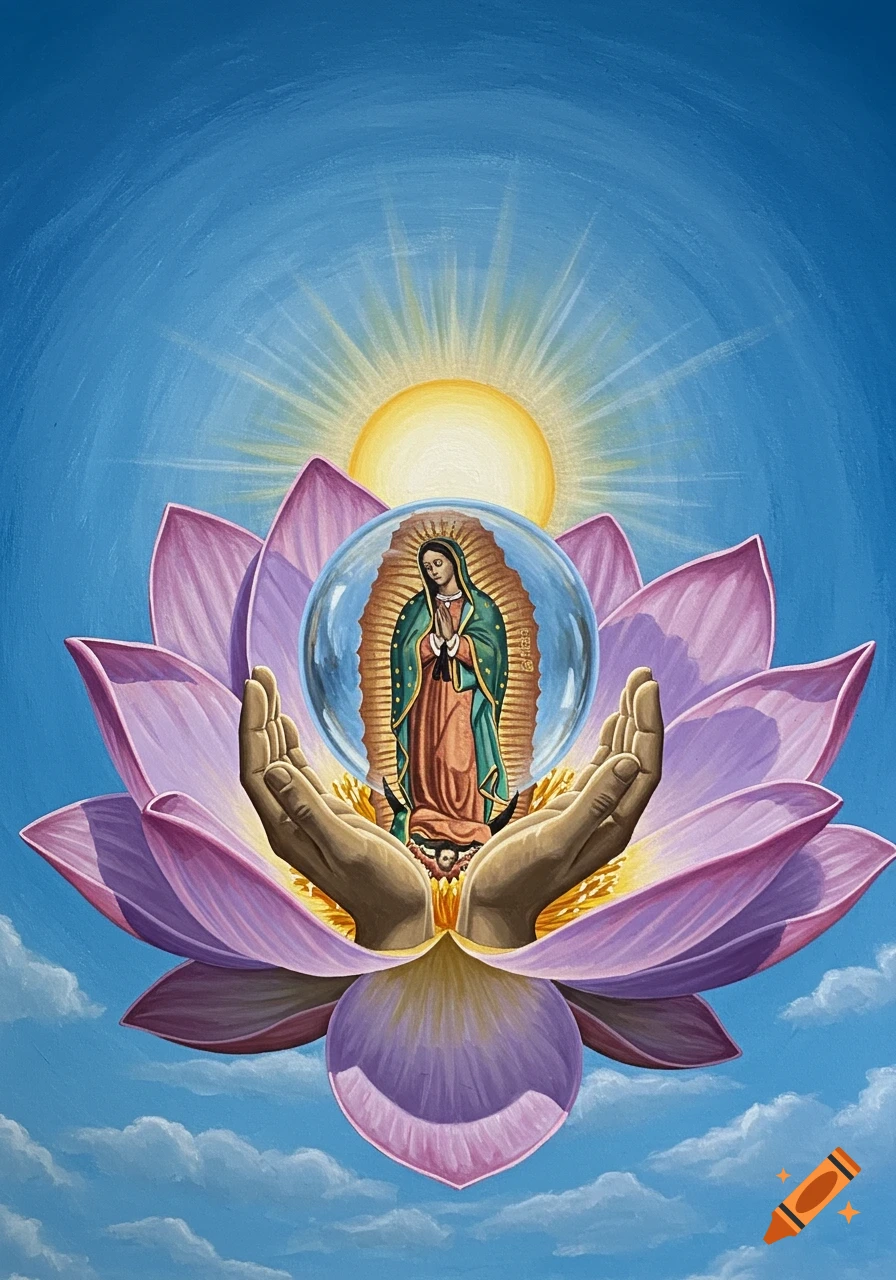 An acrylic painting shows two hands holding a crystal ball with Our Lady of Guadalupe inside, emerging from a pink lotus flower under a bright sun in a blue sky.