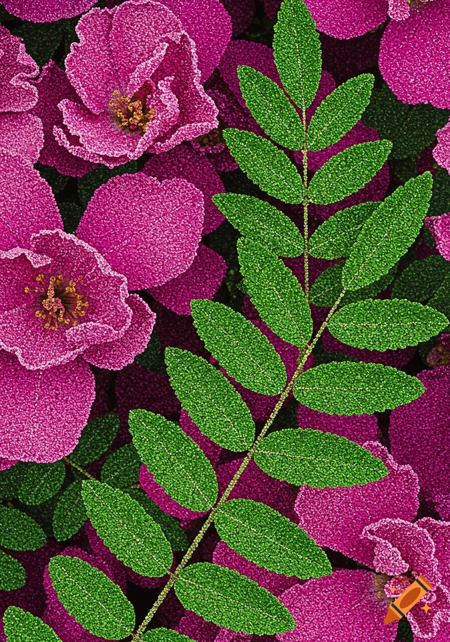 Close-up of vibrant pink flowers and green leaves with a unique stippled or dotted texture.