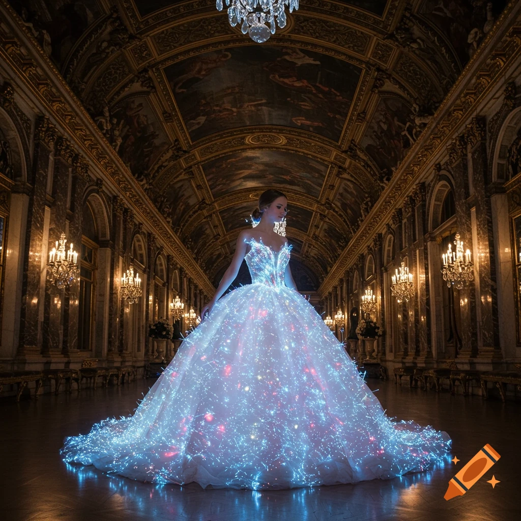 A woman in a glowing fiber optic ball gown stands in a grand, ornate palace hall.