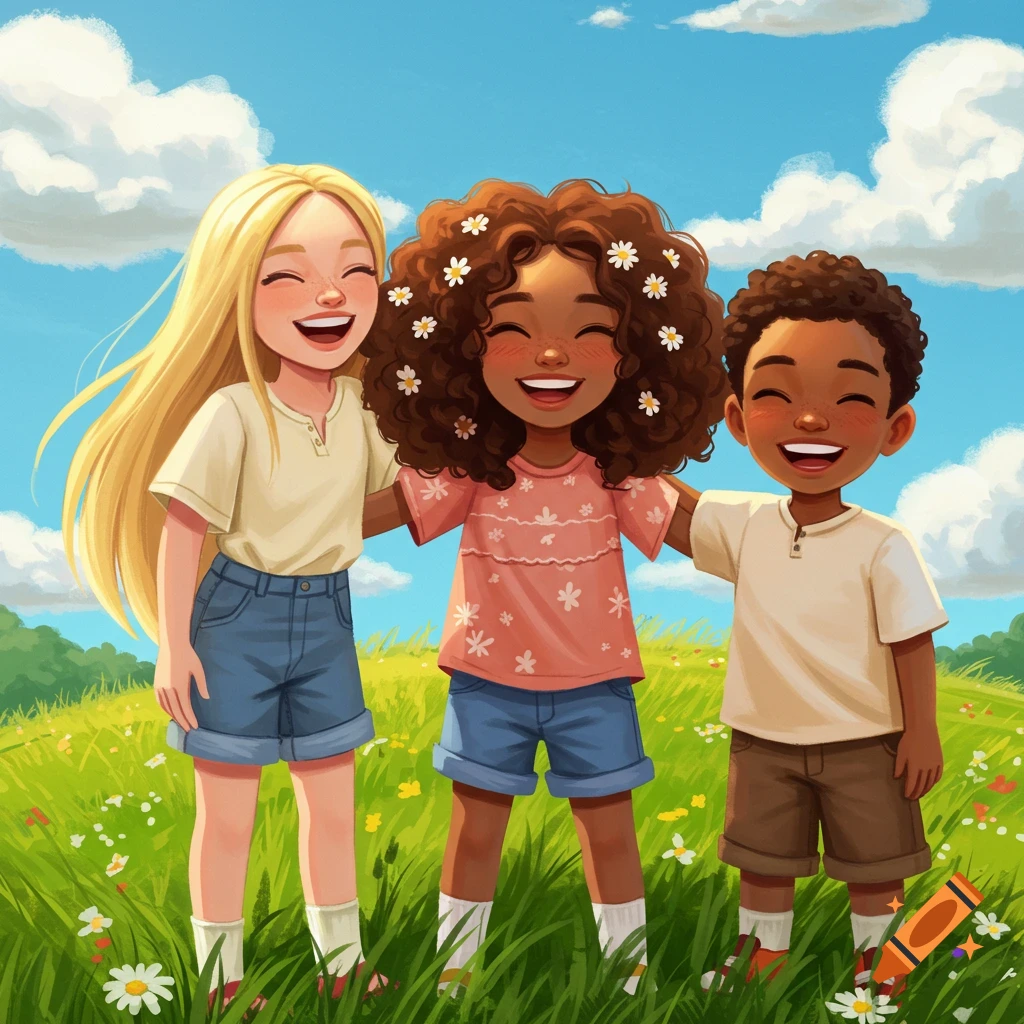 A cartoon illustration of three diverse children happily standing in a grassy field under a blue sky.