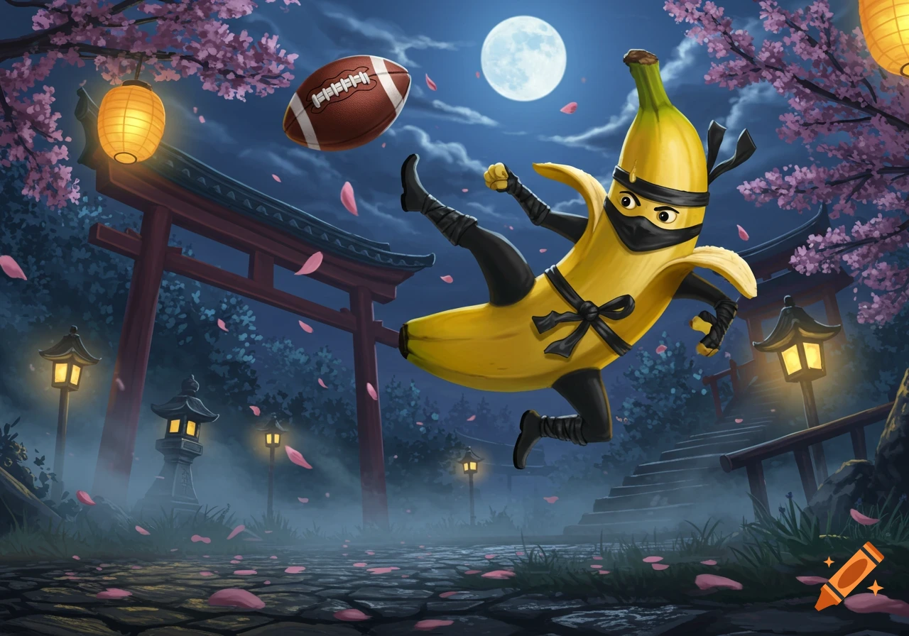 Cartoon ninja banana kicks football in a moonlit Japanese garden with torii gate, lanterns, and cherry blossoms.