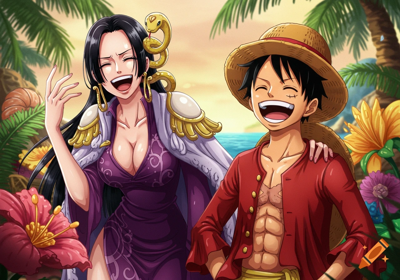 Anime style illustration of Boa Hancock and Monkey D. Luffy laughing on a tropical beach with palm trees and flowers.