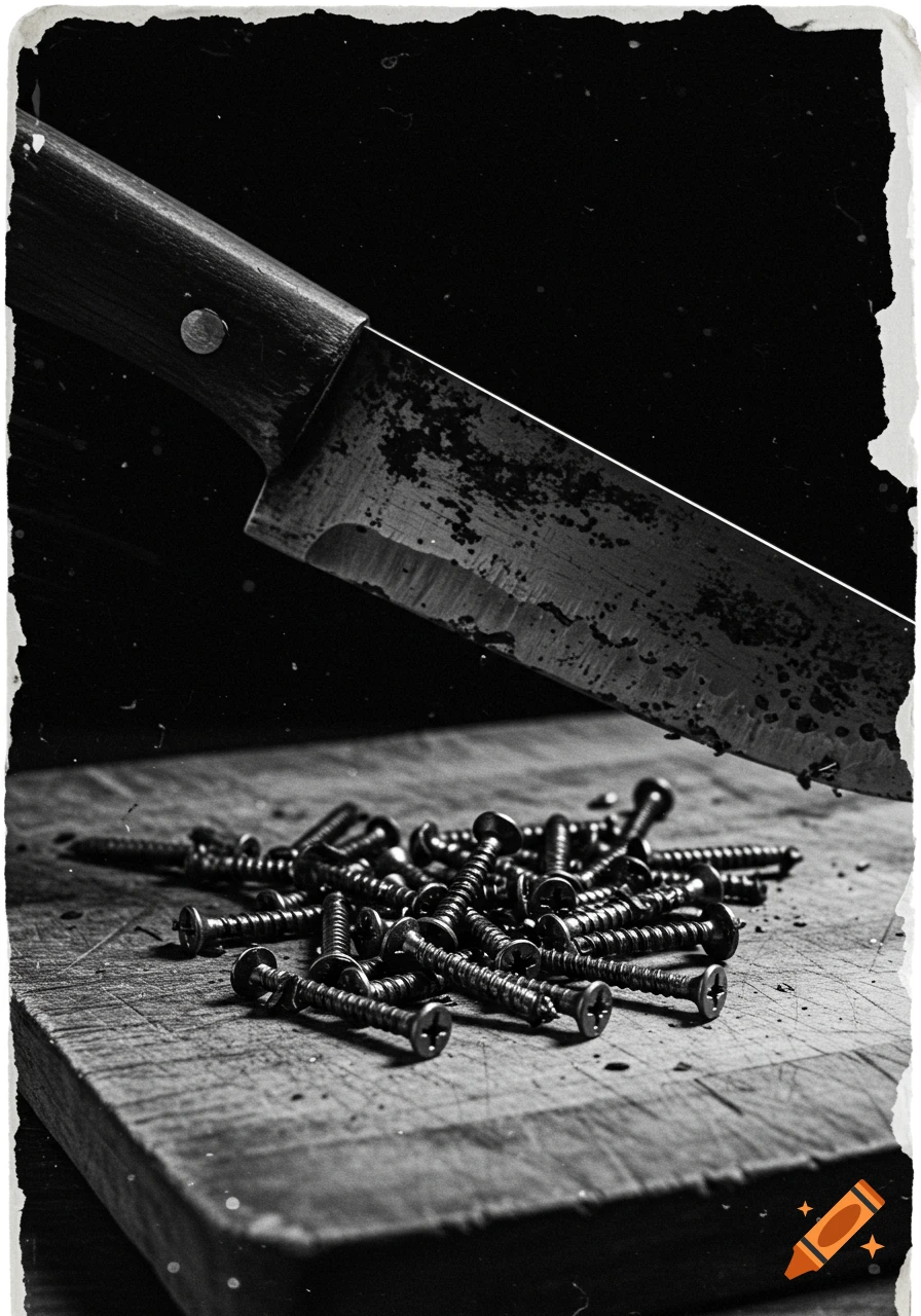 A stark black and white, grainy image of a large knife leaning over a pile of screws on a textured wooden board.