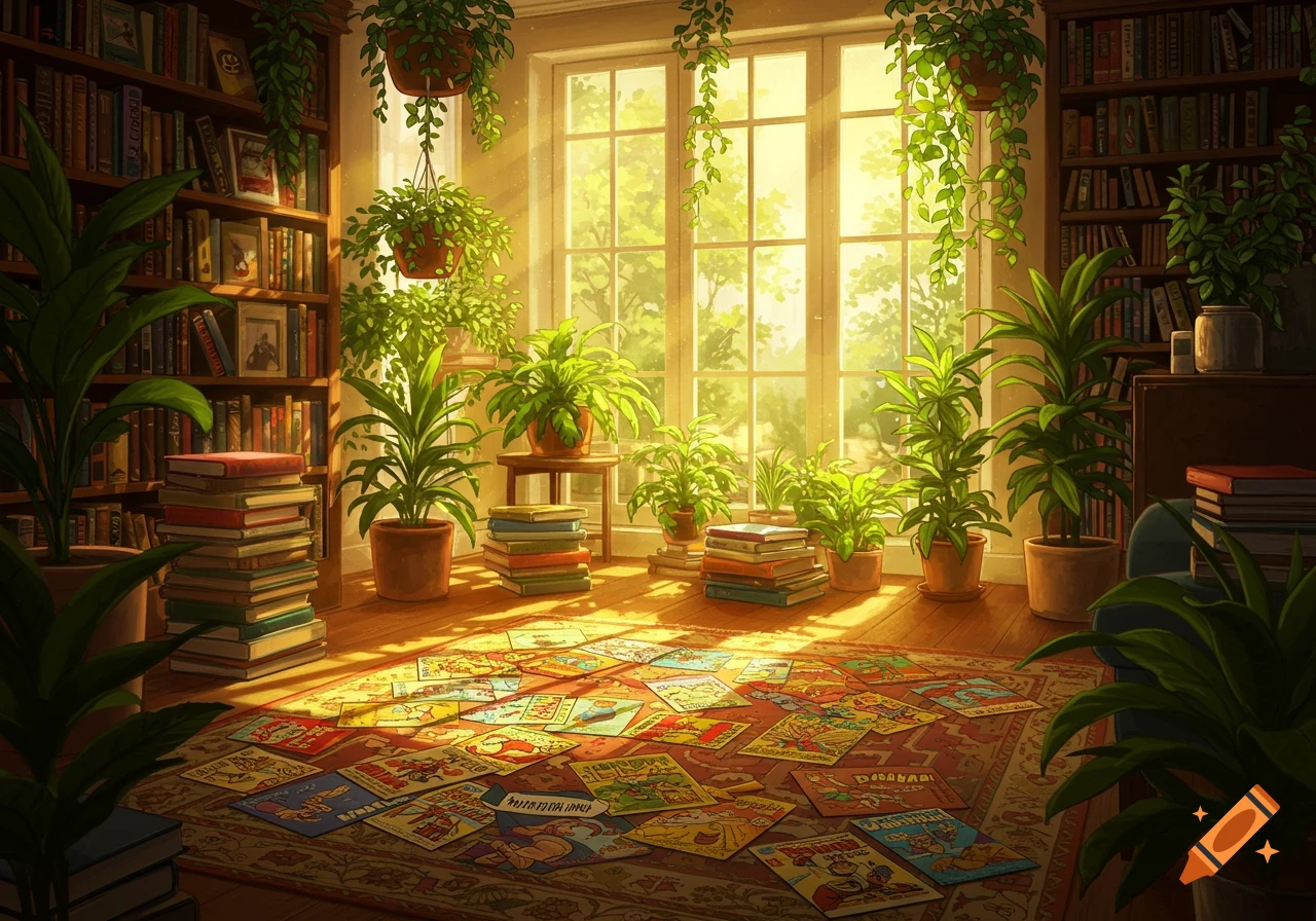 A sunlit library room filled with potted plants and bookshelves. Comic books are scattered on a patterned rug on the floor.