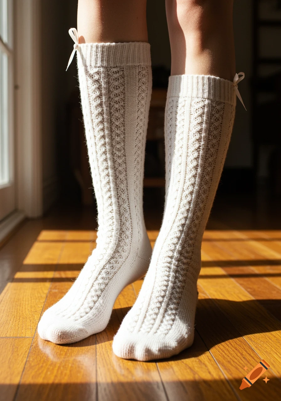 Close-up of feminine legs in white cable-knit socks on a sunny wooden floor.