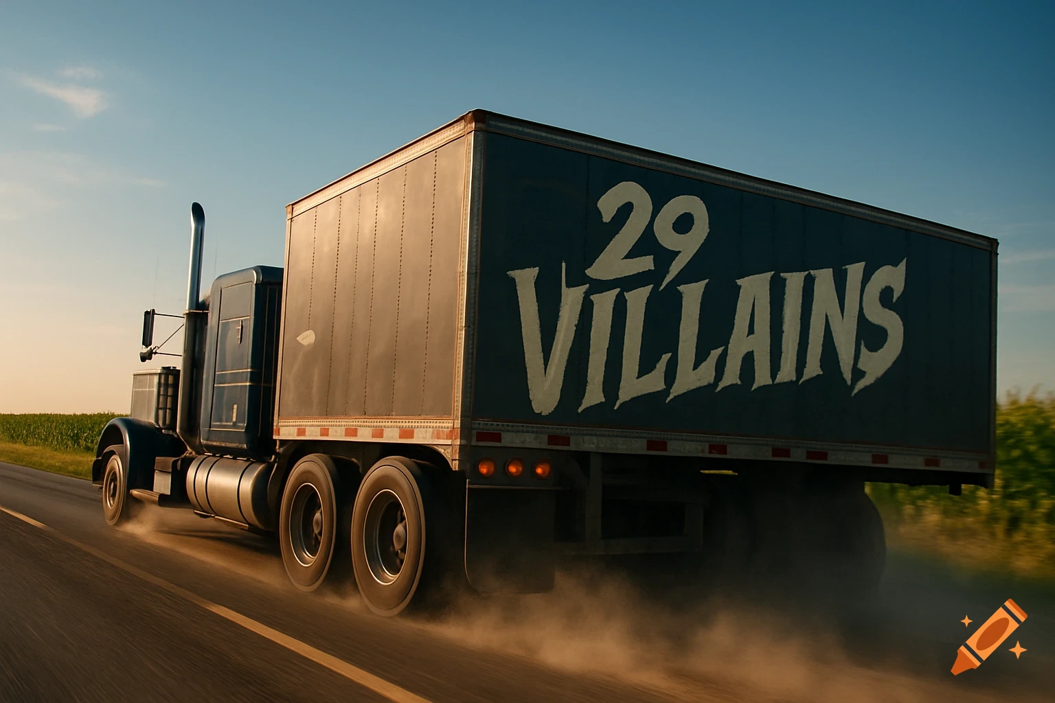 A semi-truck with "29 VILLAINS" on its trailer speeds down a highway past cornfields at sunset.