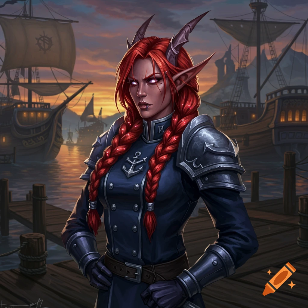 A red-haired fantasy character with horns and pointed ears in a navy uniform stands on a dock with ships at sunset.