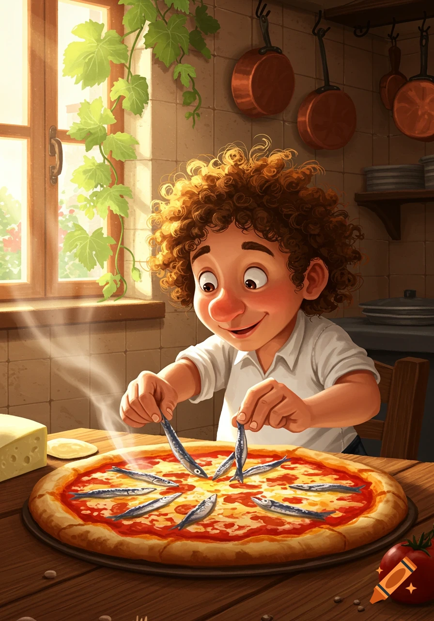 A curly-haired cartoon boy smiles as he carefully places anchovies on a pizza in a sunlit kitchen.