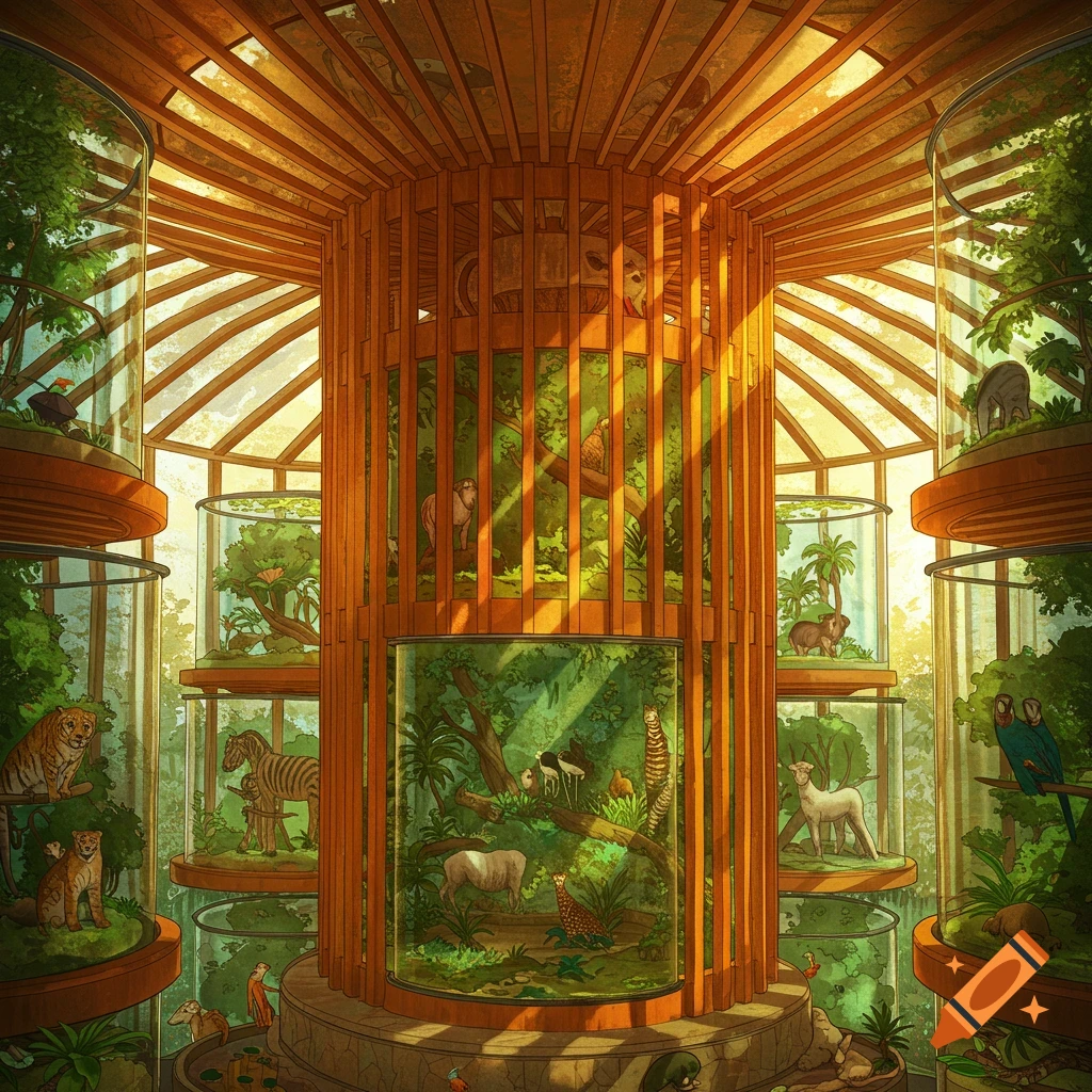 A large, multi-level menagerie inside a circular glass building with a central wooden slatted cage, filled with various animals and lush plants.