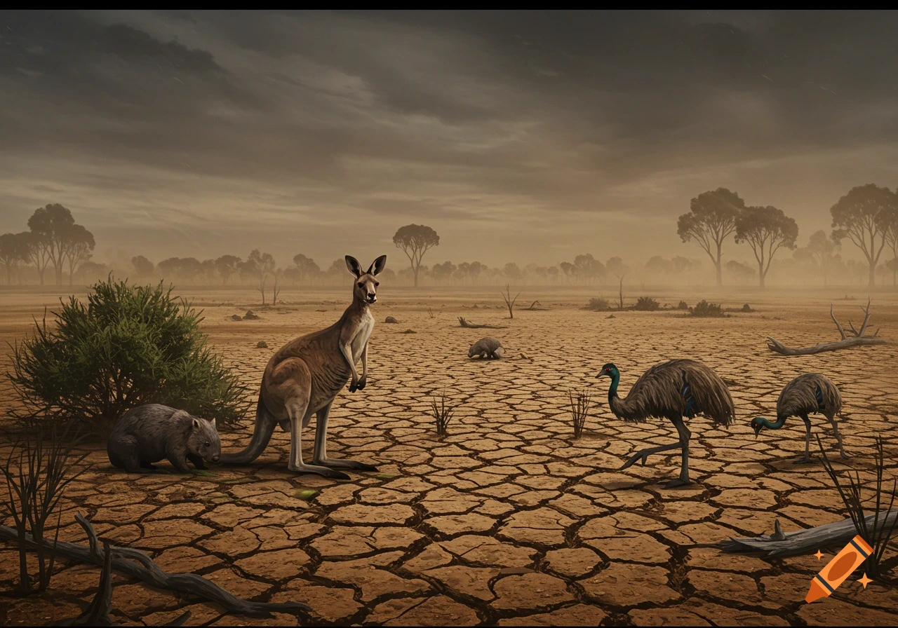 A kangaroo, a wombat, and two emus stand on dry, cracked earth under a cloudy sky, depicting a drought-stricken landscape.