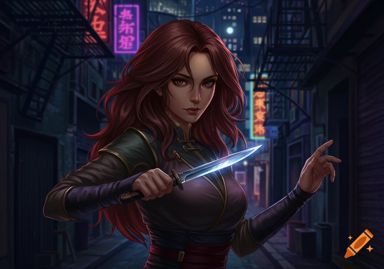 An anime-style woman with long brown hair stands in a neon-lit alley, holding a glowing knife and looking directly forward.