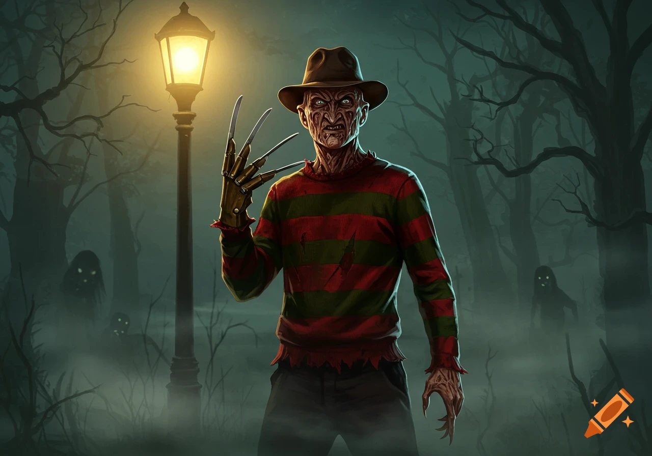 An illustration of Freddy Krueger standing in a dark, foggy forest under a street lamp, looking menacing with his signature blade glove.