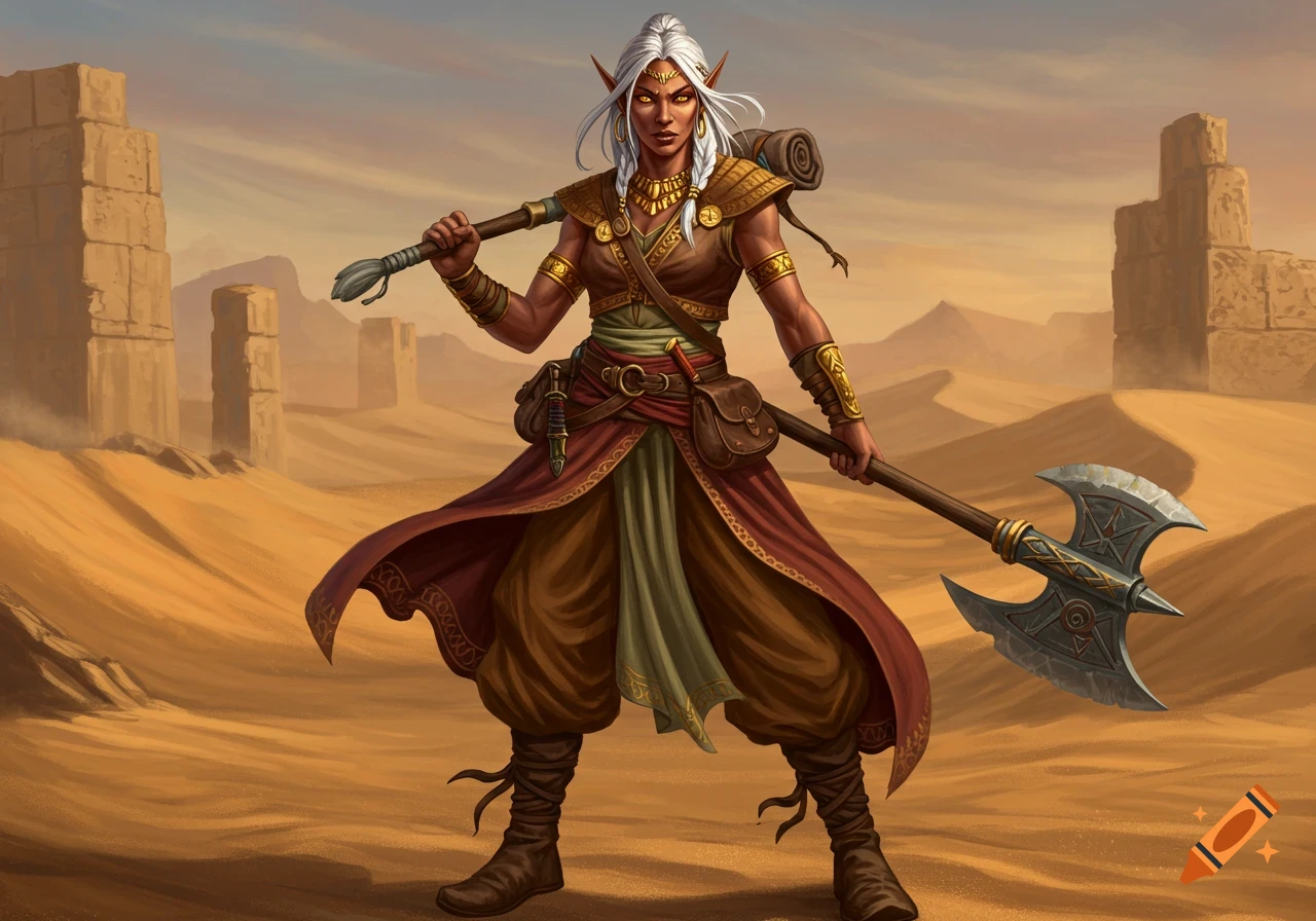 A half-elf barbarian woman with white hair and golden eyes, dressed in Arabian-style clothes and adventure gear, stands in a desert with ruins, holding a battle axe.