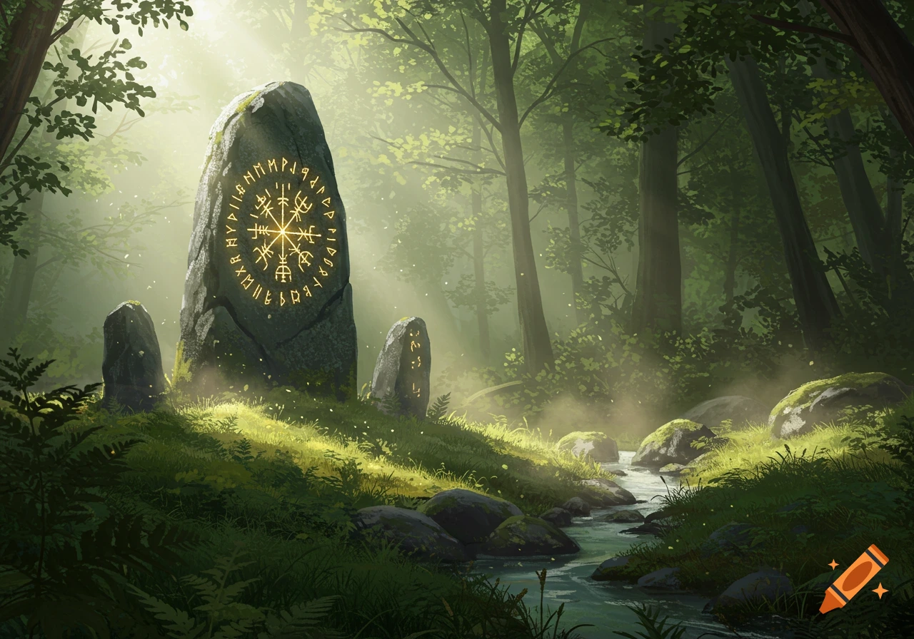 Mystical forest landscape with sunlight illuminating ancient standing stones covered in glowing runes next to a stream.