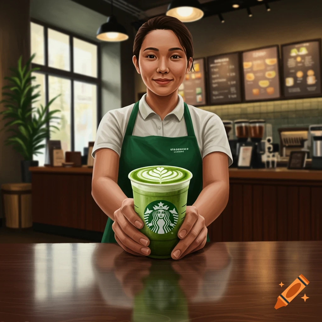 A friendly barista in a green apron holds out a matcha latte with a leaf design, standing in a brightly lit coffee shop.