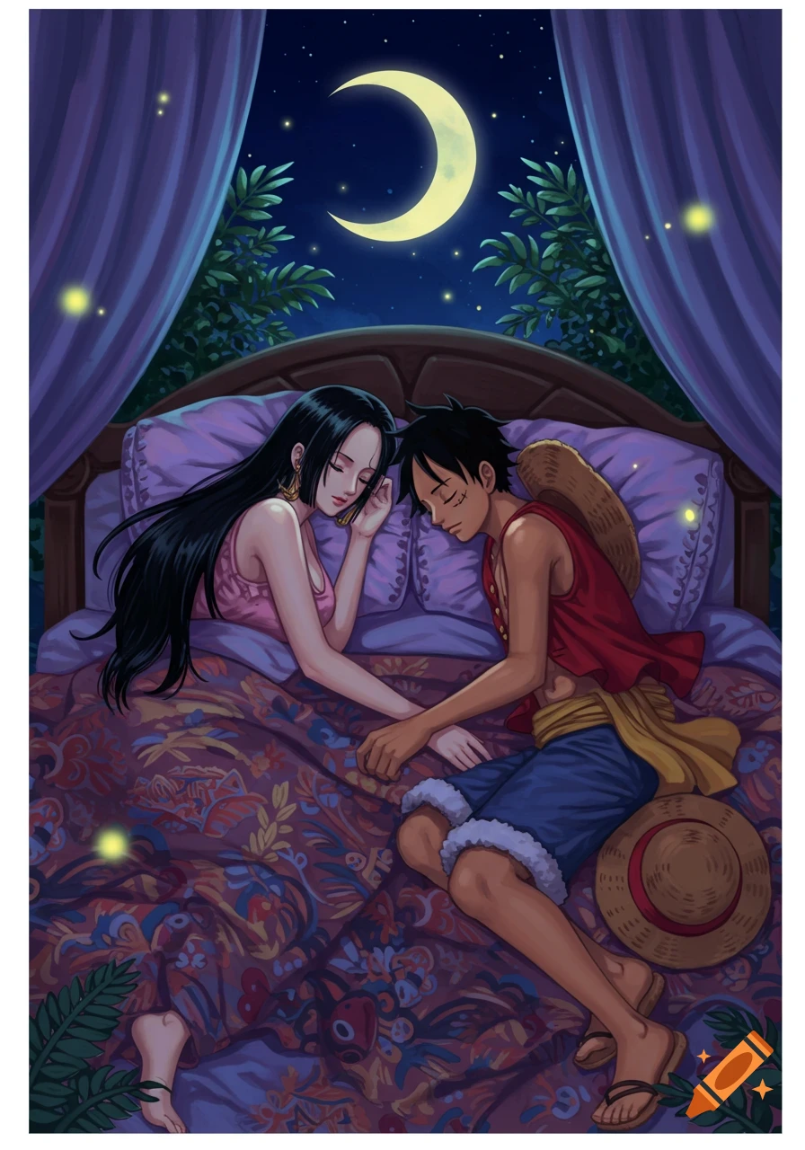 Boa Hancock and Monkey D. Luffy from One Piece sleeping peacefully in a bed under a crescent moon, surrounded by plants. Anime style.