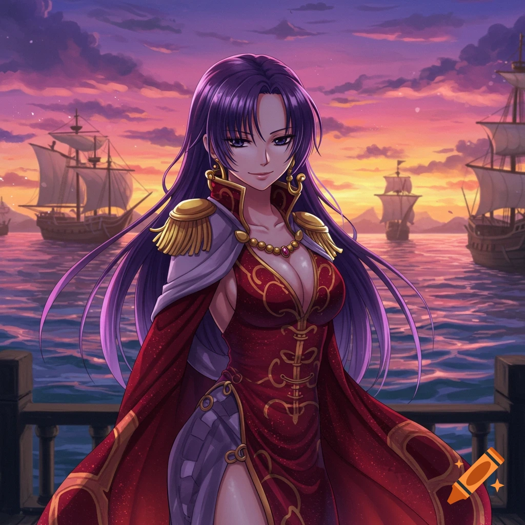 Anime art of a purple-haired woman in a red dress on a ship deck at sunset, with other ships in the background.