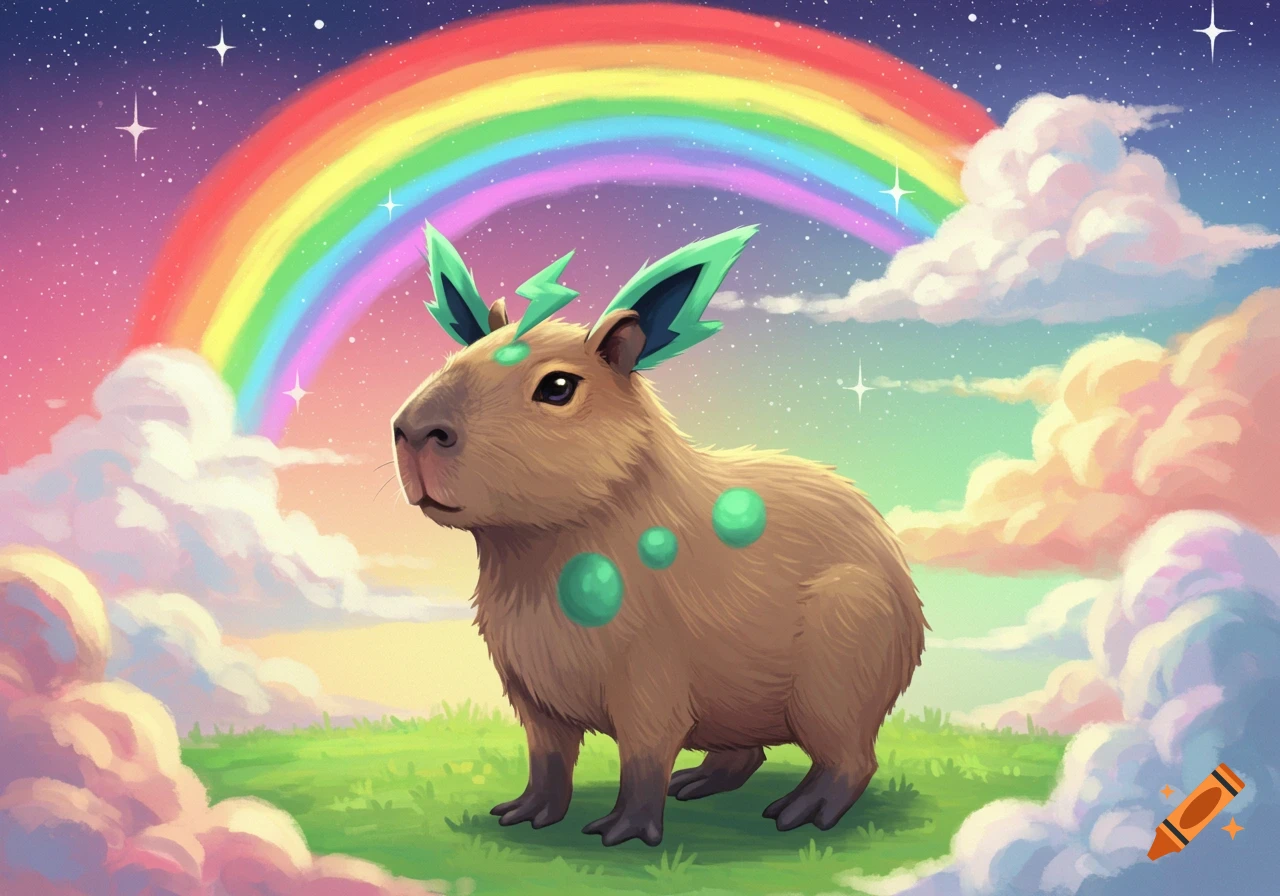 A cute, stylized capybara with green lightning bolt ears and glowing spots stands on grass before a vibrant rainbow, fluffy clouds, and a starry sky.