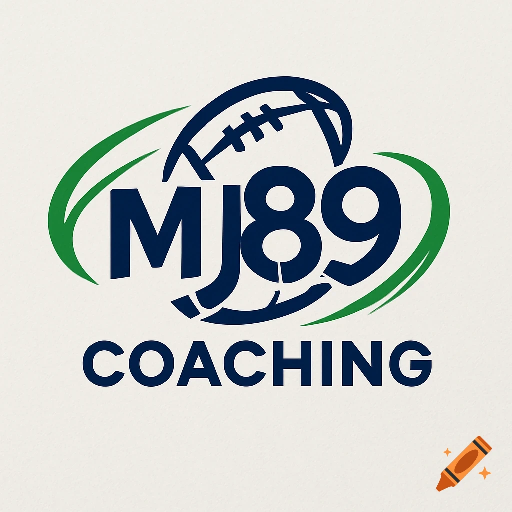 A logo for MJ89 Coaching featuring a stylized football, the text MJ89 in dark blue, and green swooshes.