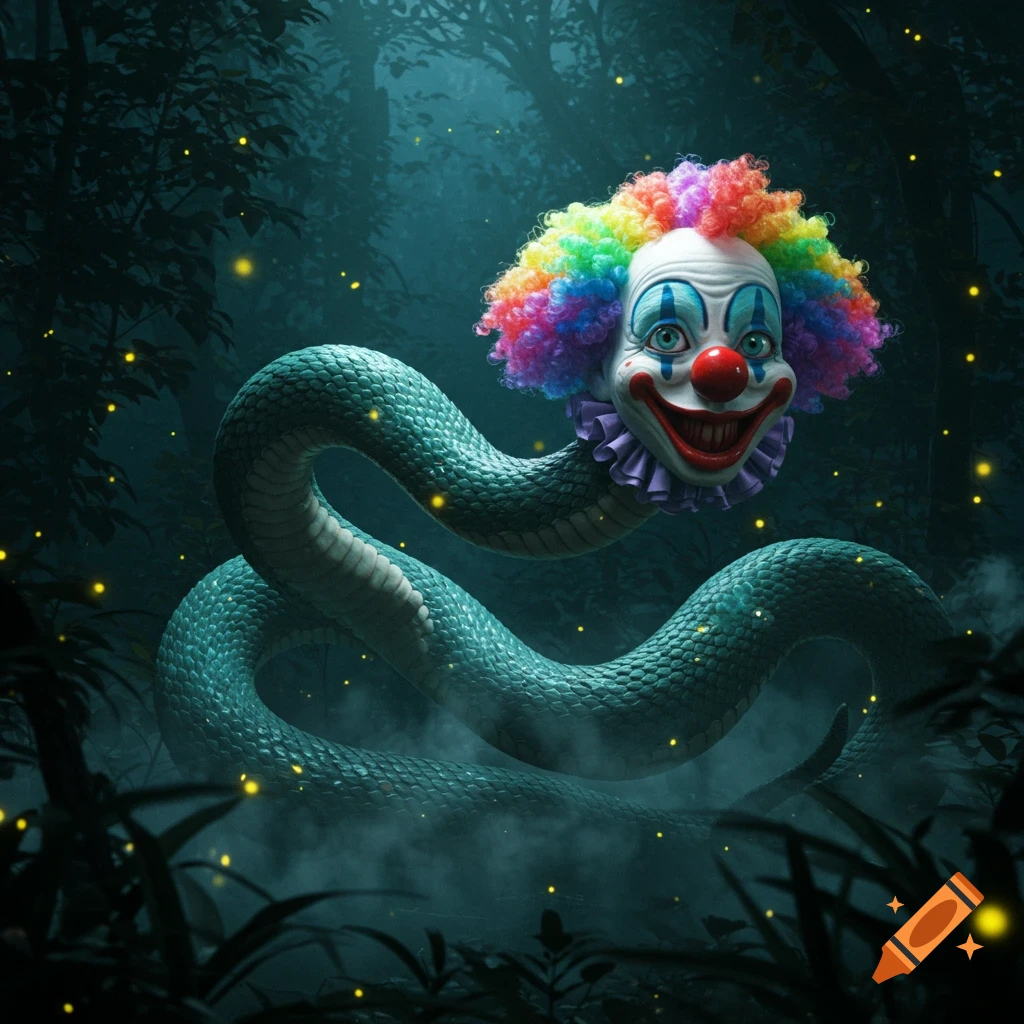 A photorealistic snake with a clown's head, in a dark, misty forest with glowing fireflies.
