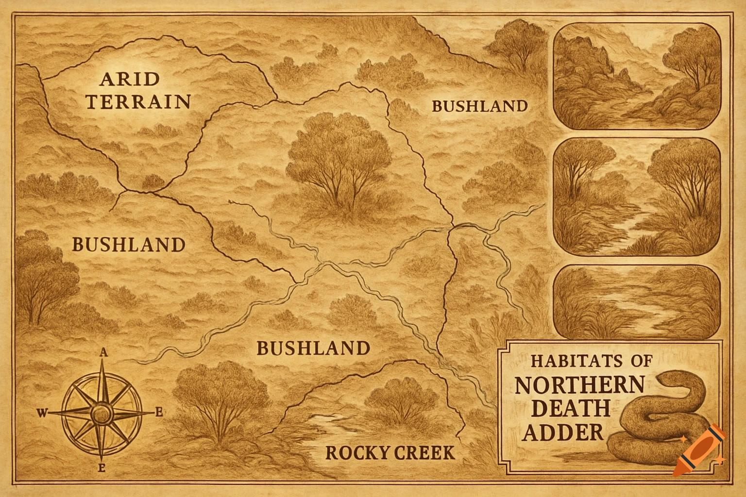 A sepia-toned, hand-drawn map of various terrains including arid, bushland, and rocky creek, with a compass rose and a box detailing 'Habitats of Northern Death Adder' next to an illustration of a coiled snake.