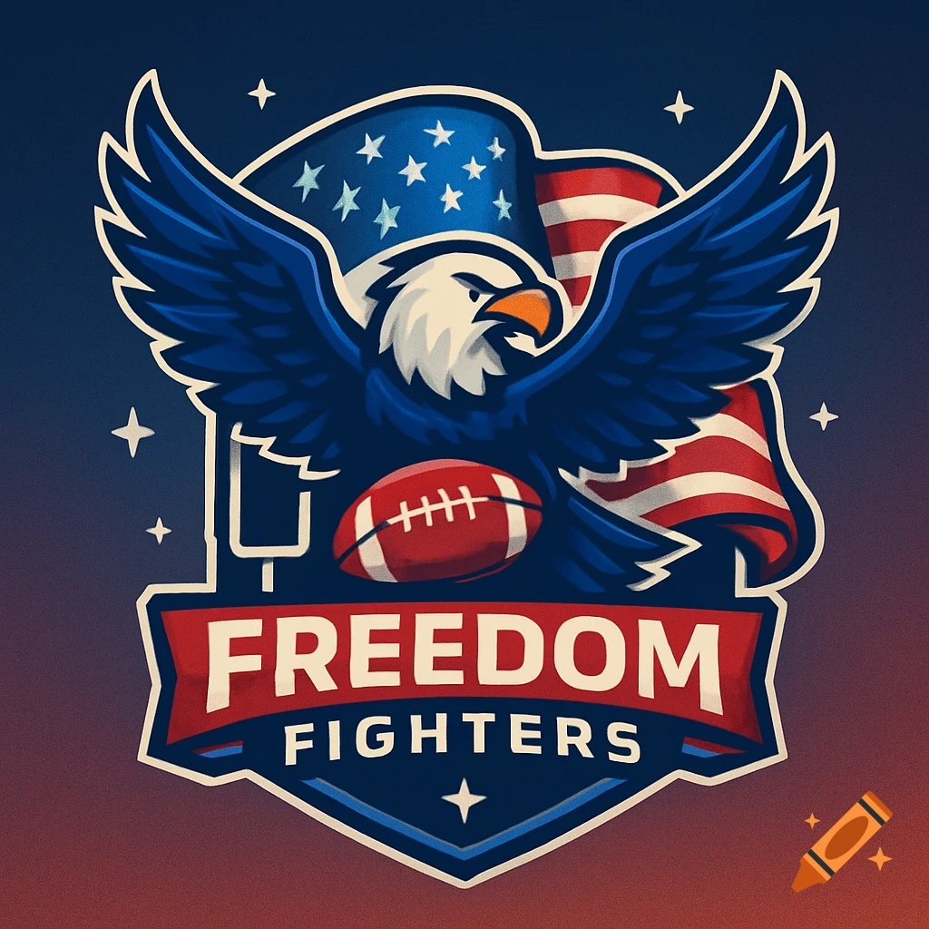 Patriotic American football logo with an eagle, flag, football, and "FREEDOM FIGHTERS" text.