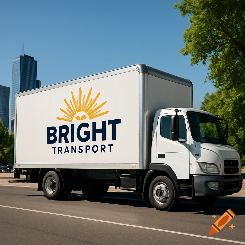 A white box truck with a 'Bright Transport' logo drives on a city street under a clear blue sky.