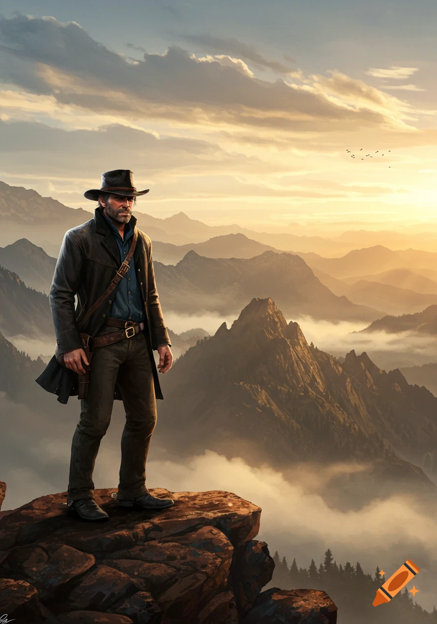 A man in a cowboy hat and long coat stands on a rocky cliff overlooking a vast mountain range at sunrise.