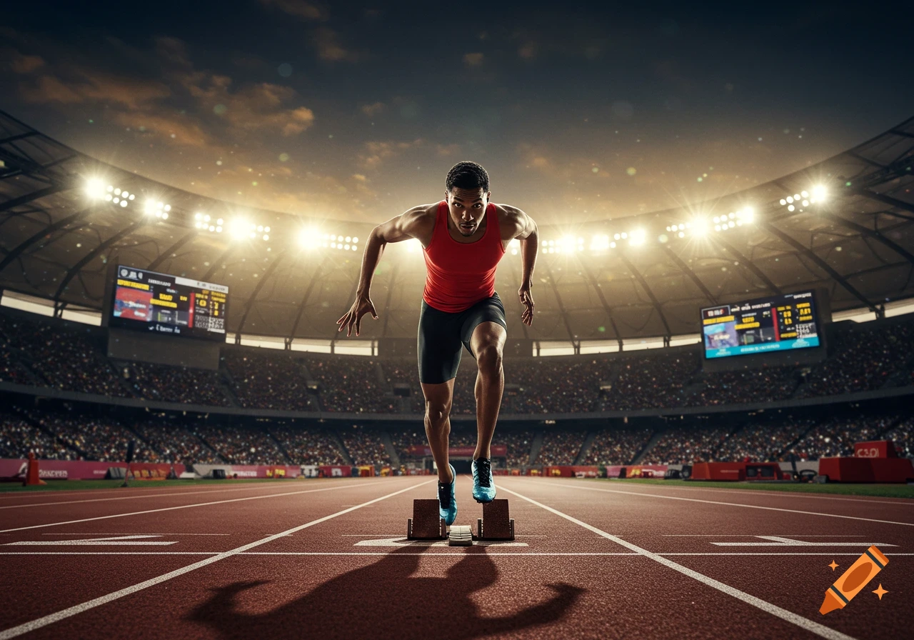 An athlete in a red tank top and black shorts poised on starting blocks on a track in a brightly lit stadium.