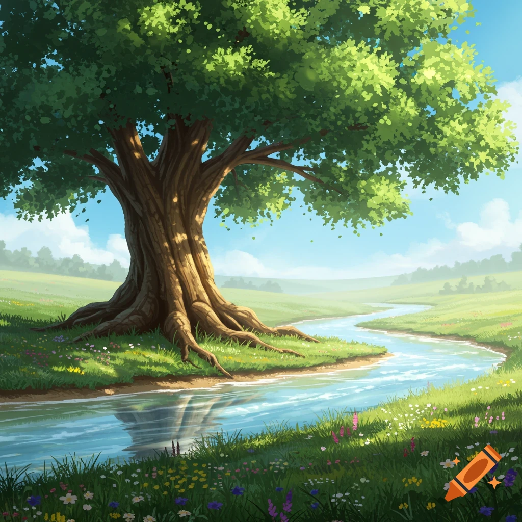 A vibrant cartoon landscape features a large tree next to a winding river, surrounded by green grass and colorful wildflowers under a blue sky.