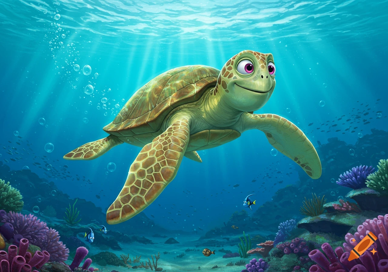 A smiling cartoon sea turtle swims happily through a vibrant coral reef with fish and bubbles.