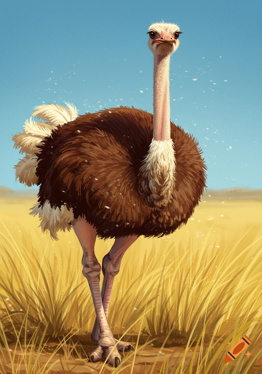 A stylized illustration of an ostrich standing in tall yellow grass under a clear blue sky.