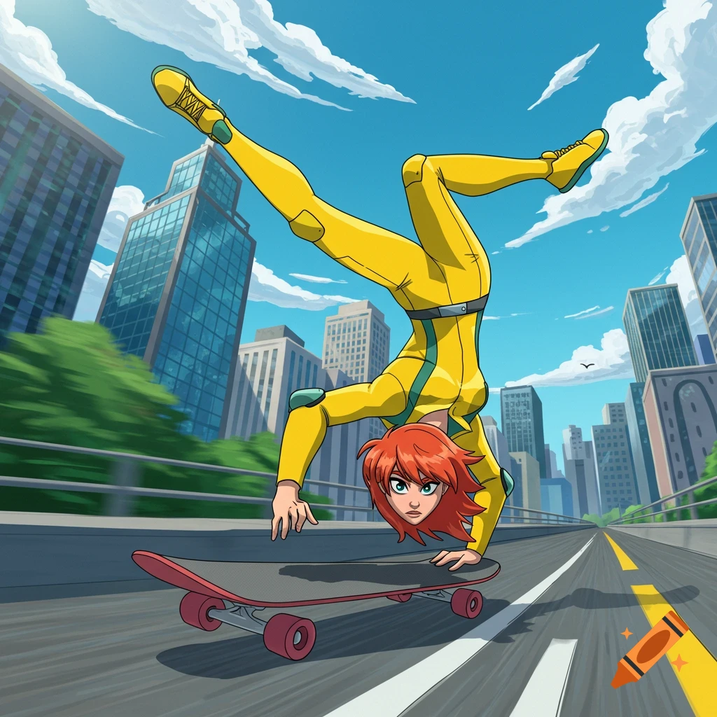 April O'Neil from Teenage Mutant Ninja Turtles doing a handstand on a skateboard in a city street, cartoon style.