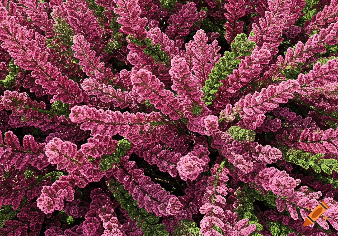 Close-up of densely packed pink and green botanical forms with a textured, dotted appearance.