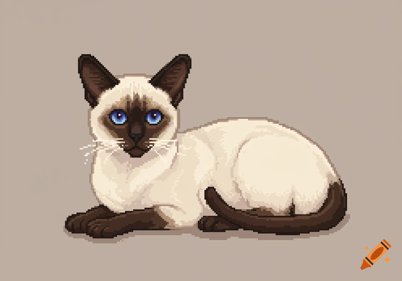 Pixel art of a Siamese cat laying down with blue eyes and dark brown points.