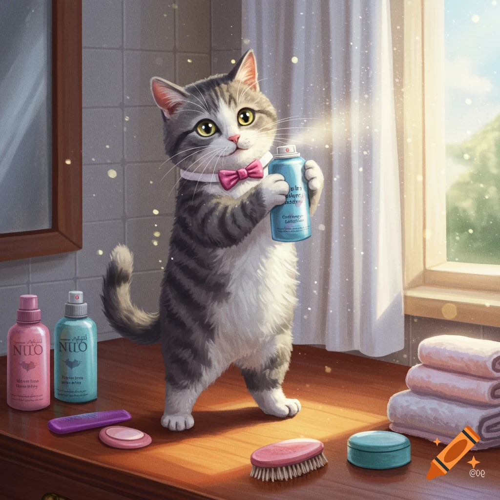 A gray and white tabby cat wearing a pink bow tie stands upright in a sunlit bathroom, spraying a blue bottle. On the counter are other bottles, a comb, a brush, and stacked towels.
