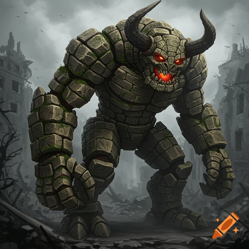 A towering brick monster with red eyes, sharp teeth, and horns stands in a ruined city under a cloudy sky.