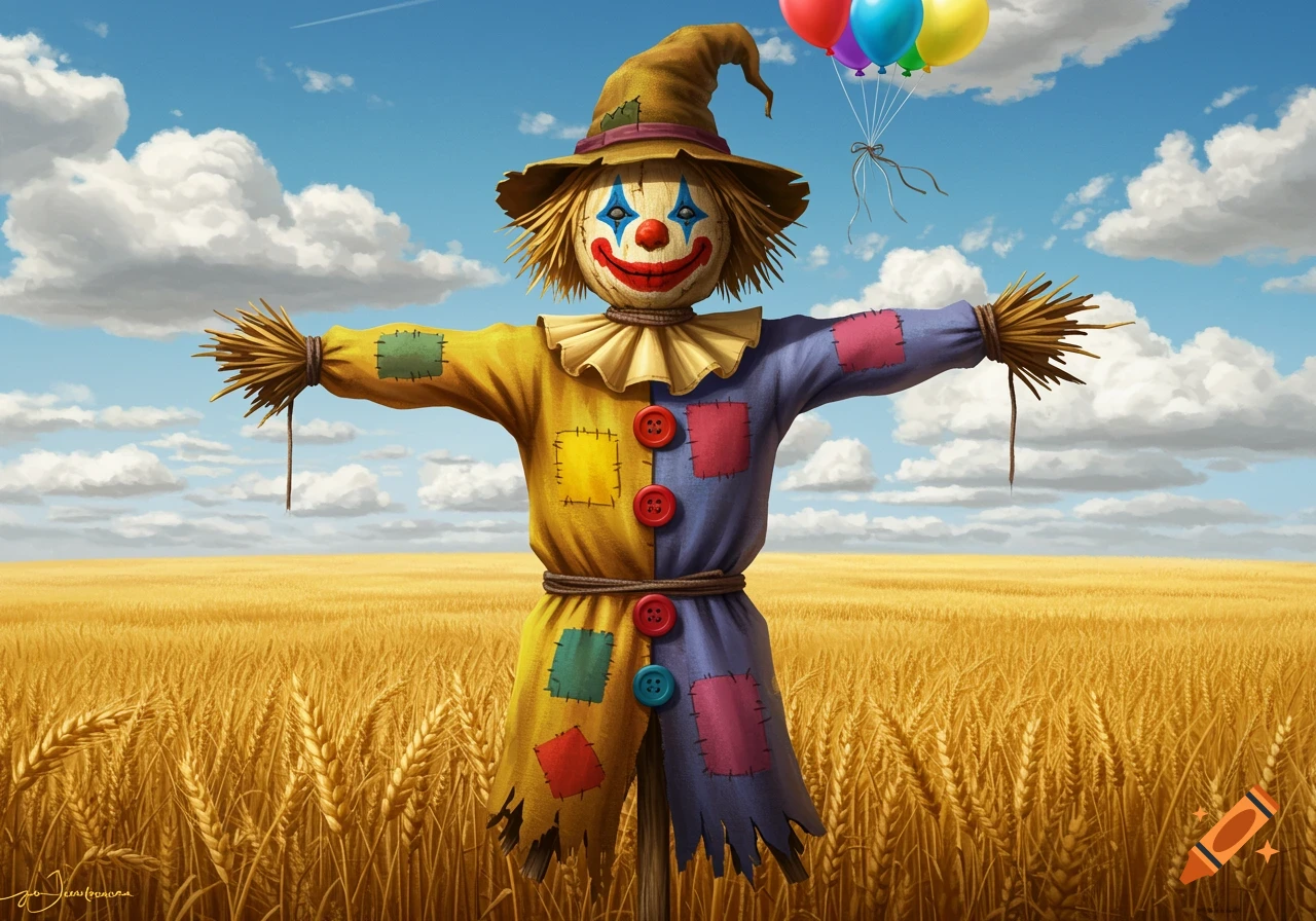 A colorful, clown-faced scarecrow stands in a golden wheat field under a blue sky with white clouds, holding balloons.